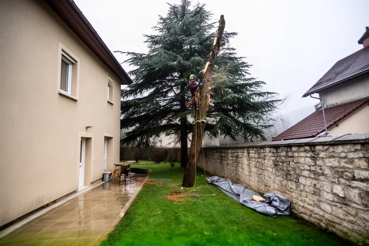 Arboriste démontant un arbre dangereux en cour à Besançon