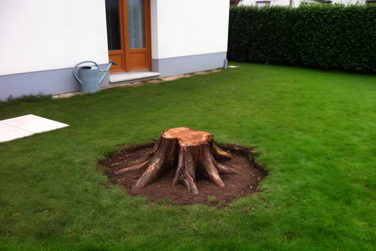 Souche affleurante avant rognage dans un jardin à Besançon