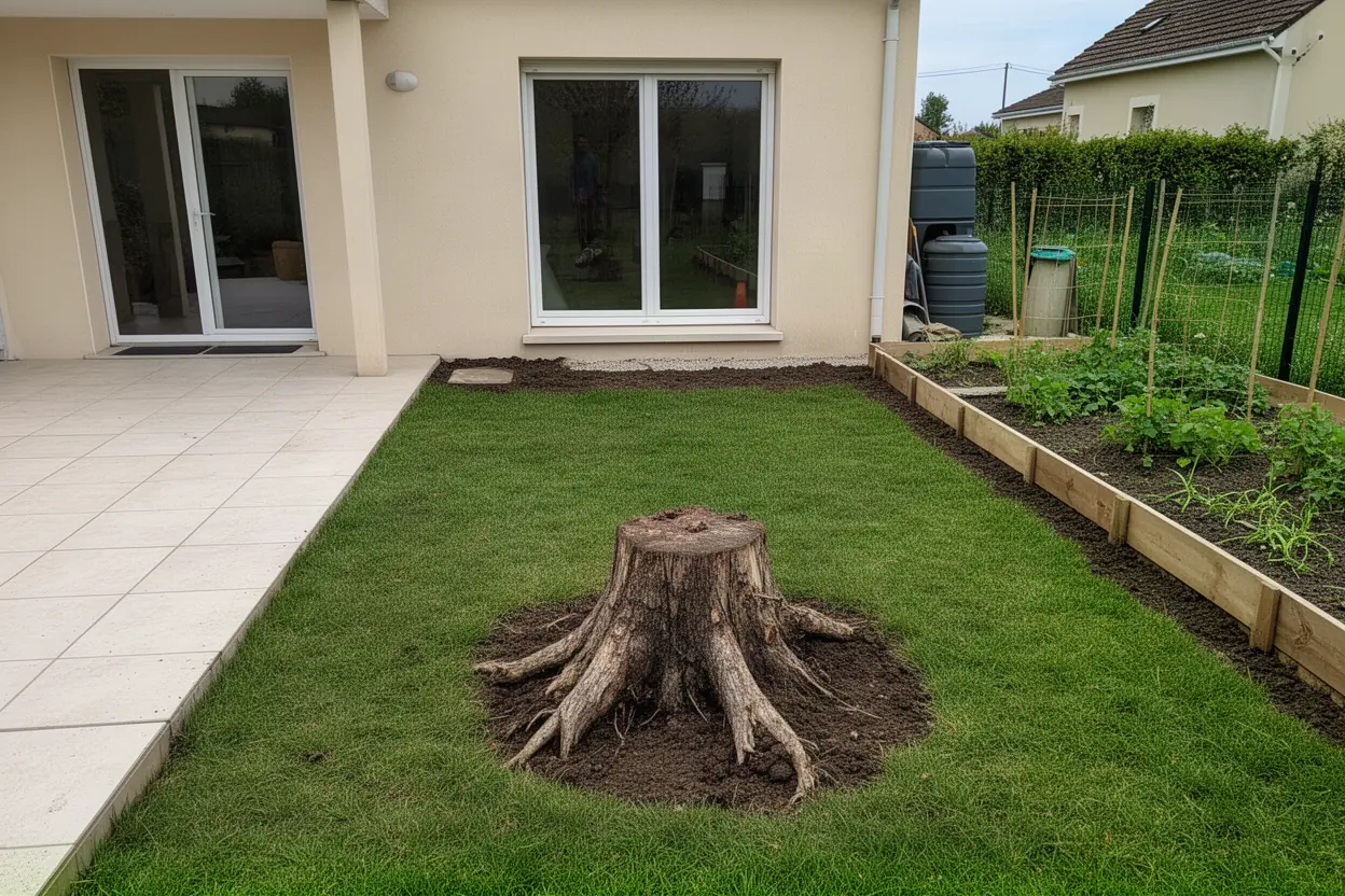 Souche encombrant un passage de jardin à Pirey