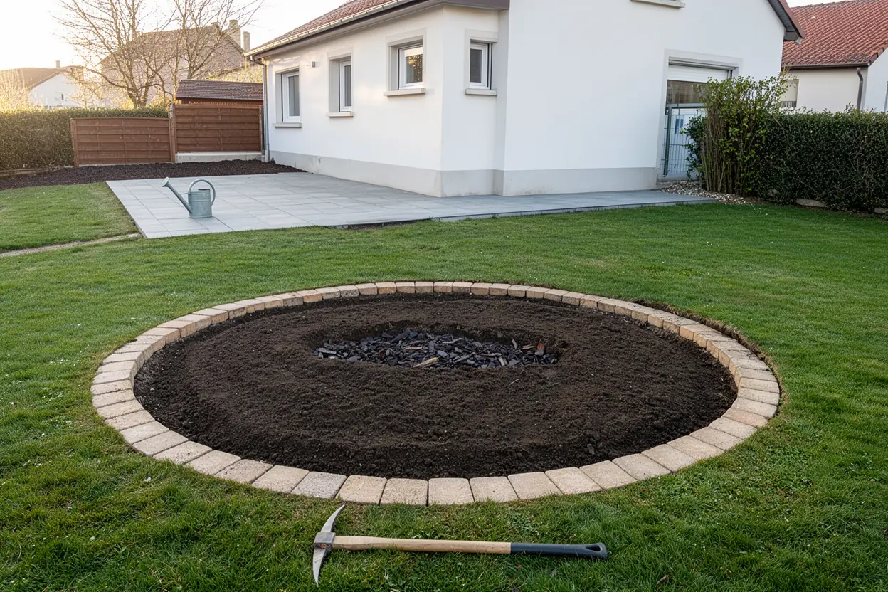Terrain comblé après dessouchage dans un jardin à Saône