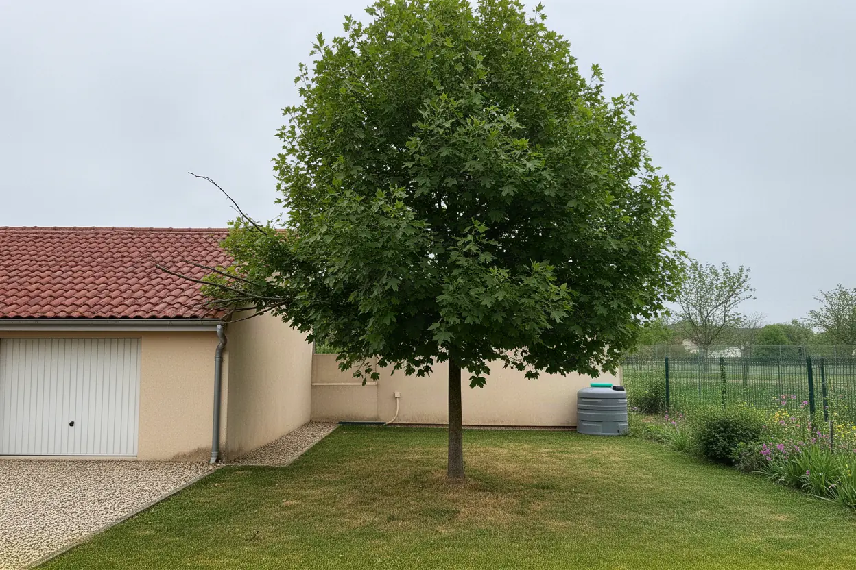 Érable touchant un garage à Saint-Vit