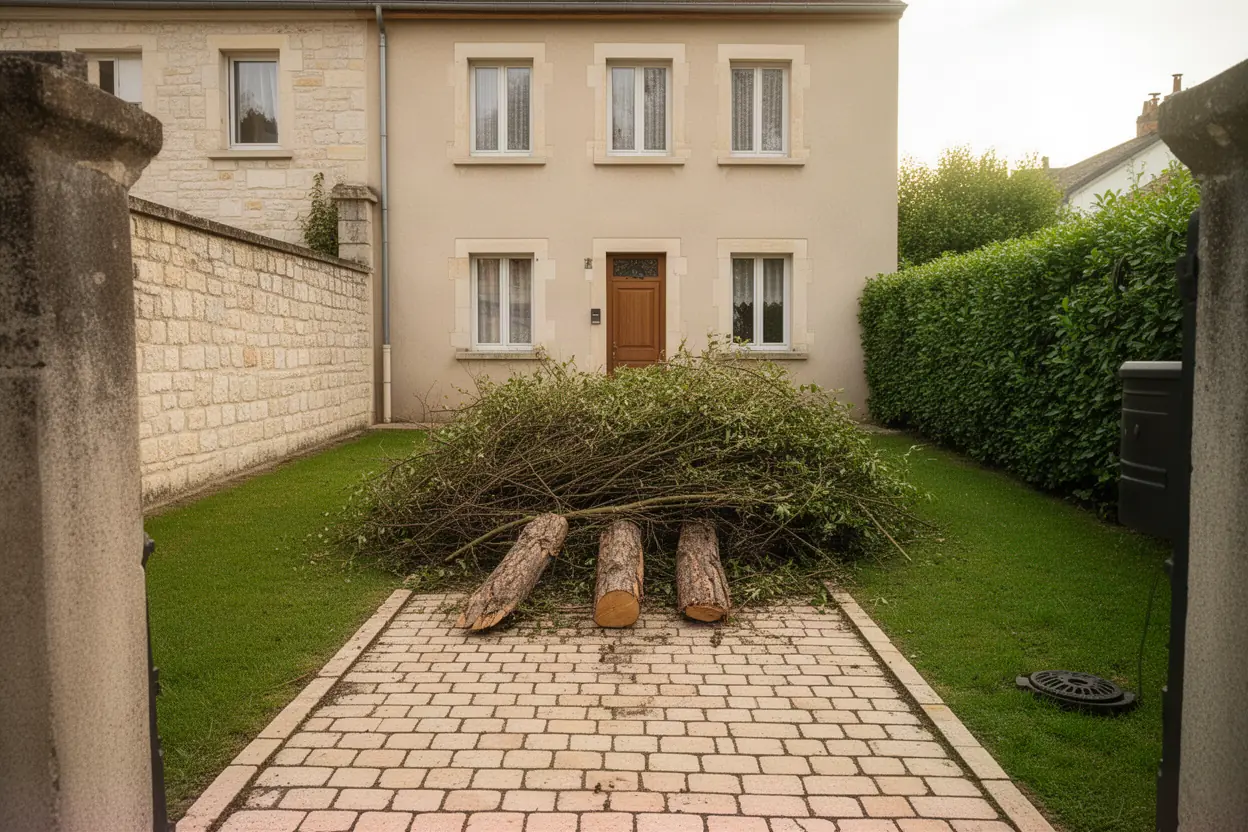 Cour encombrée de branchages avant collecte à Besançon