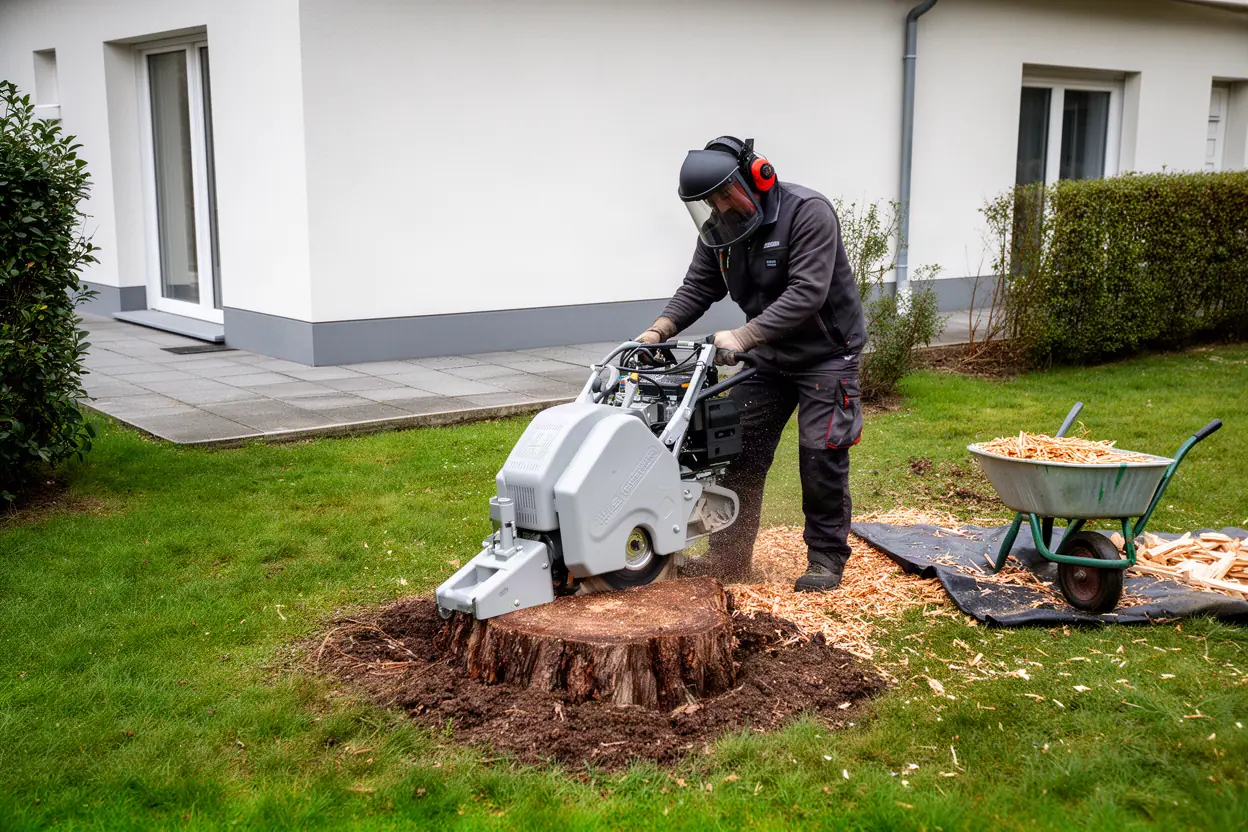 Rogneuse supprimant une souche dans un jardin de Besançon