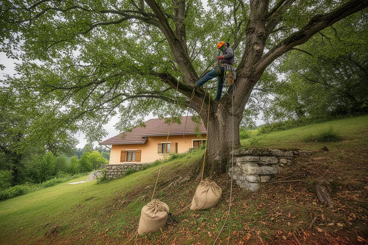 Élagueur grimpeur dans un arbre haut à Beure