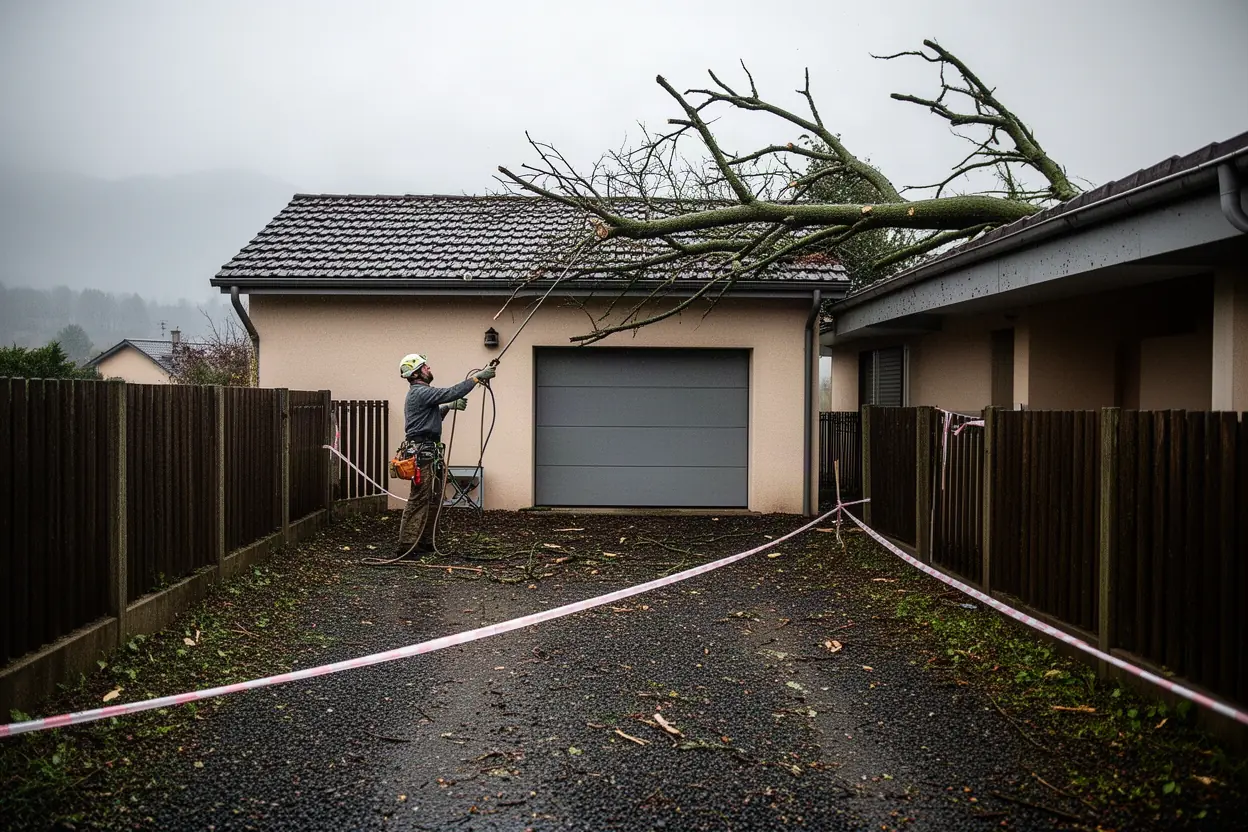 Élagueur sécurisant une branche cassée après tempête à Besançon